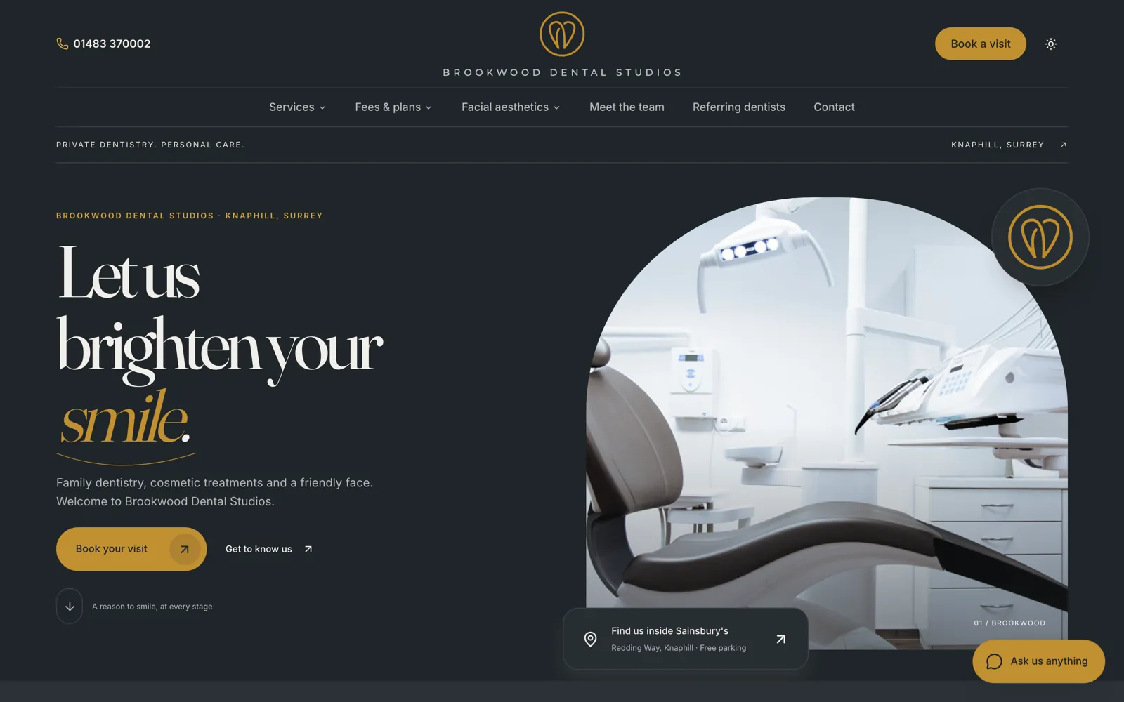 Brookwood Dental Studios homepage in dark mode