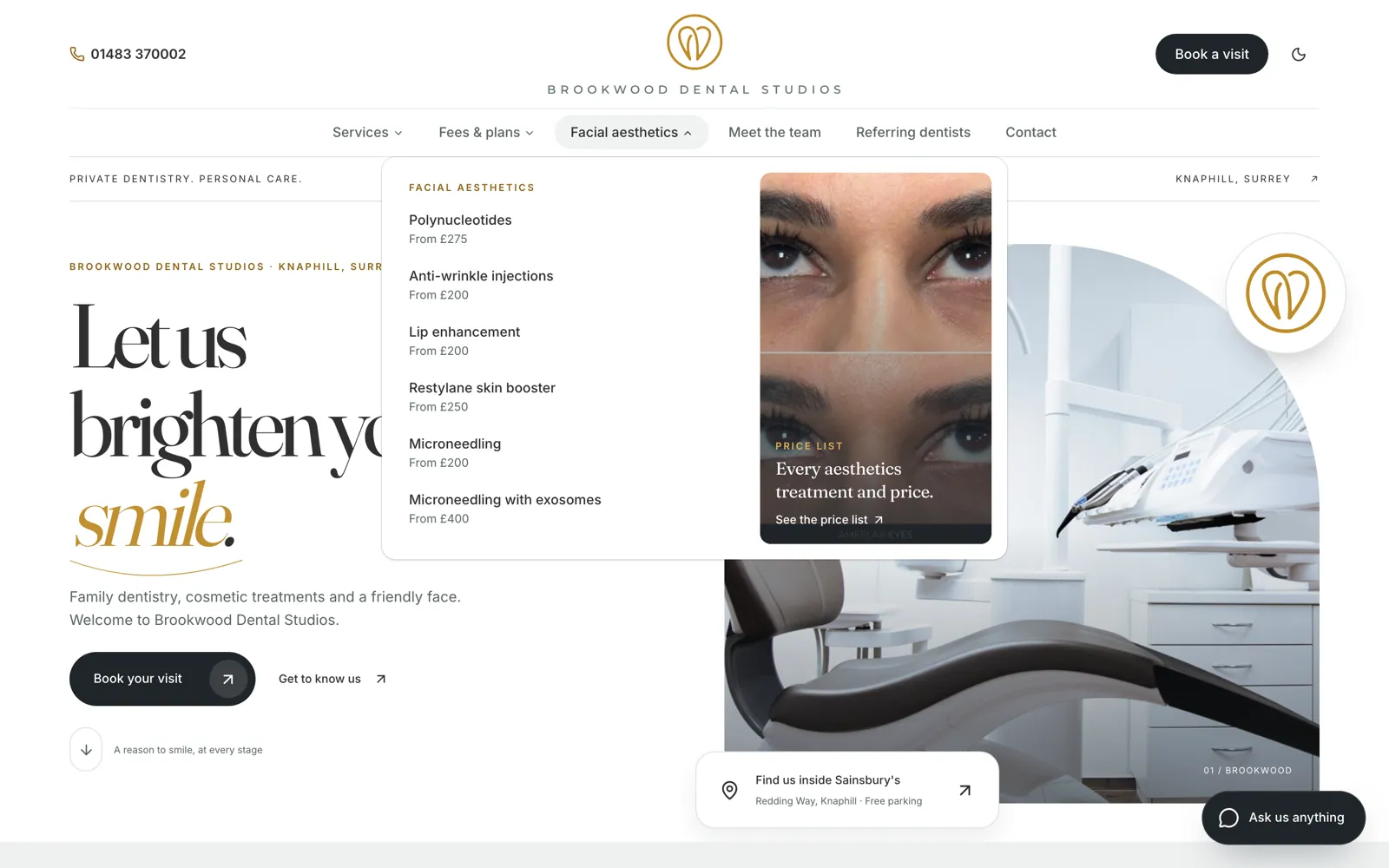 The facial aesthetics menu open on the Brookwood site